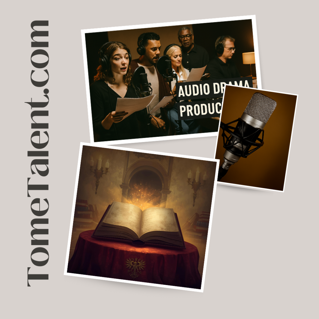 pictures of a microph9one, an open book and people performing audio drama production